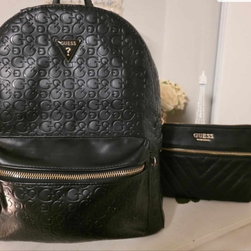Guess Black Embossed Backpack with Gold Details And Pouch